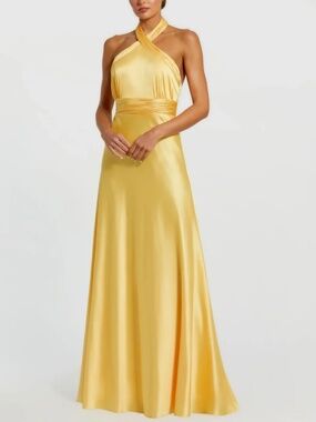 IEENA FOR MAC DUGGAL  8 Yellow Ruched Halter Neck Tie Back Satin Gown $460CA